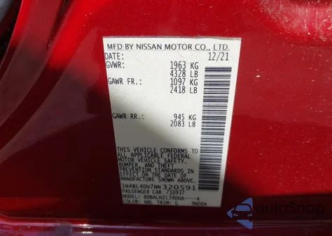 2022 Nissan Altima Sv Fwd from USA, damaged, VIN 1N4BL4DV7NN320591